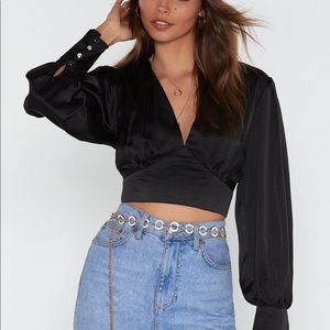 Satin V-Neck Cropped Blouse